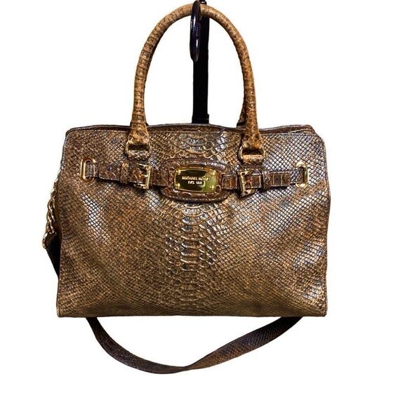 Michael Kors Hamilton Brown Python Snakeskin Leather Bag - Picture 1 of 16
